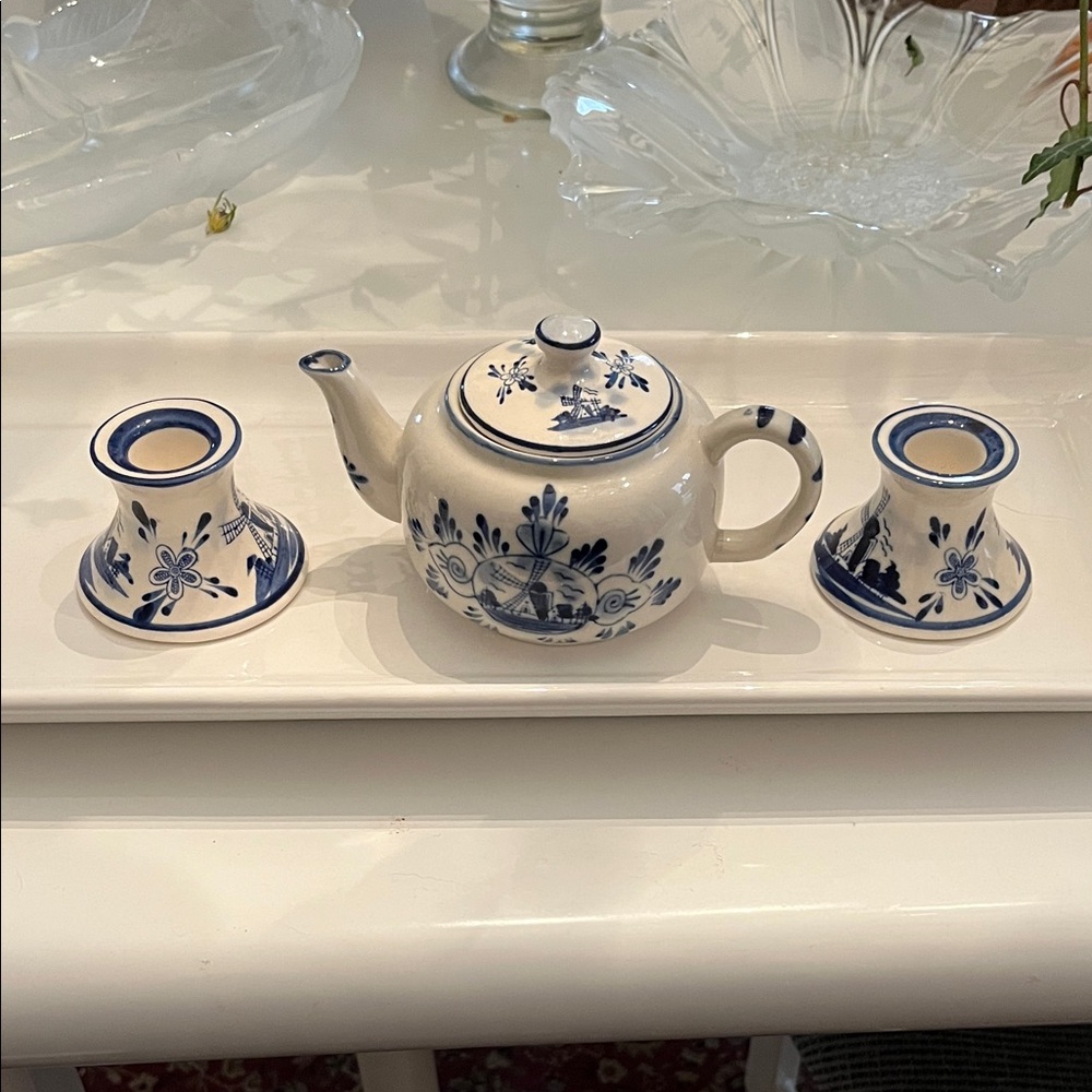 Blue and White Floral Teapot Set with Candle Holders.
